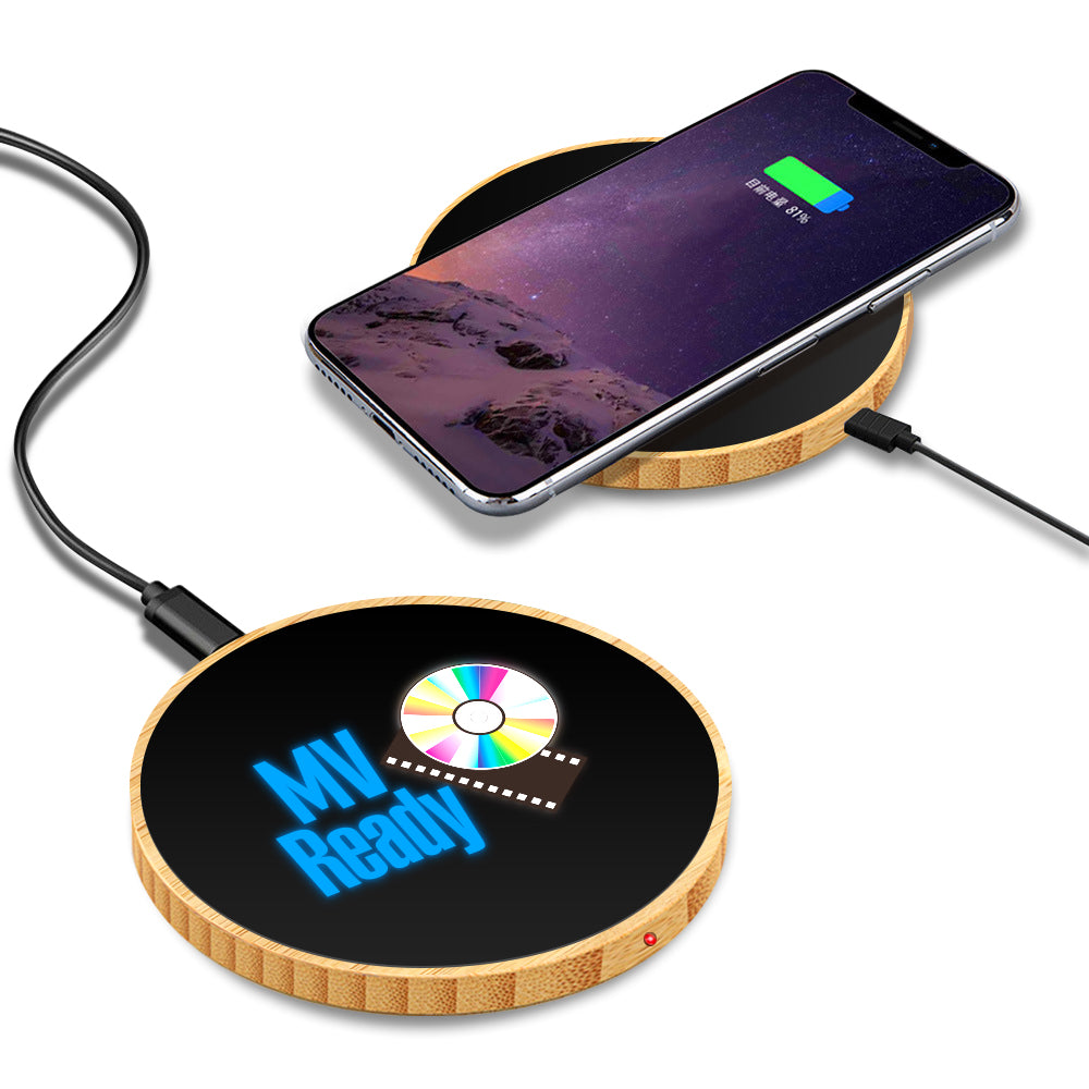 Round Colorful Light Up Logo Bamboo 15W Wireless Charger