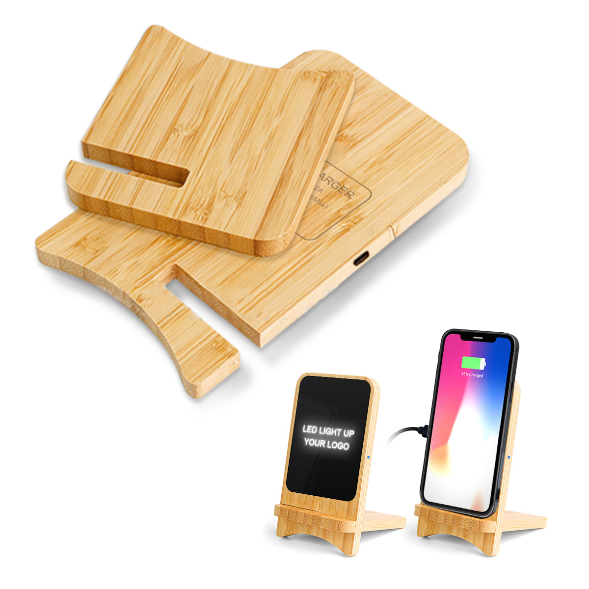 Bamboo Detachable Light Up Logo 15W Wireless Charger & Phone Stand
