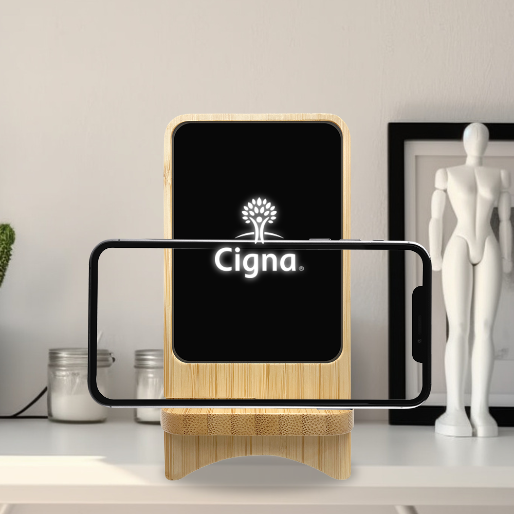 Bamboo Detachable Light Up Logo 15W Wireless Charger & Phone Stand