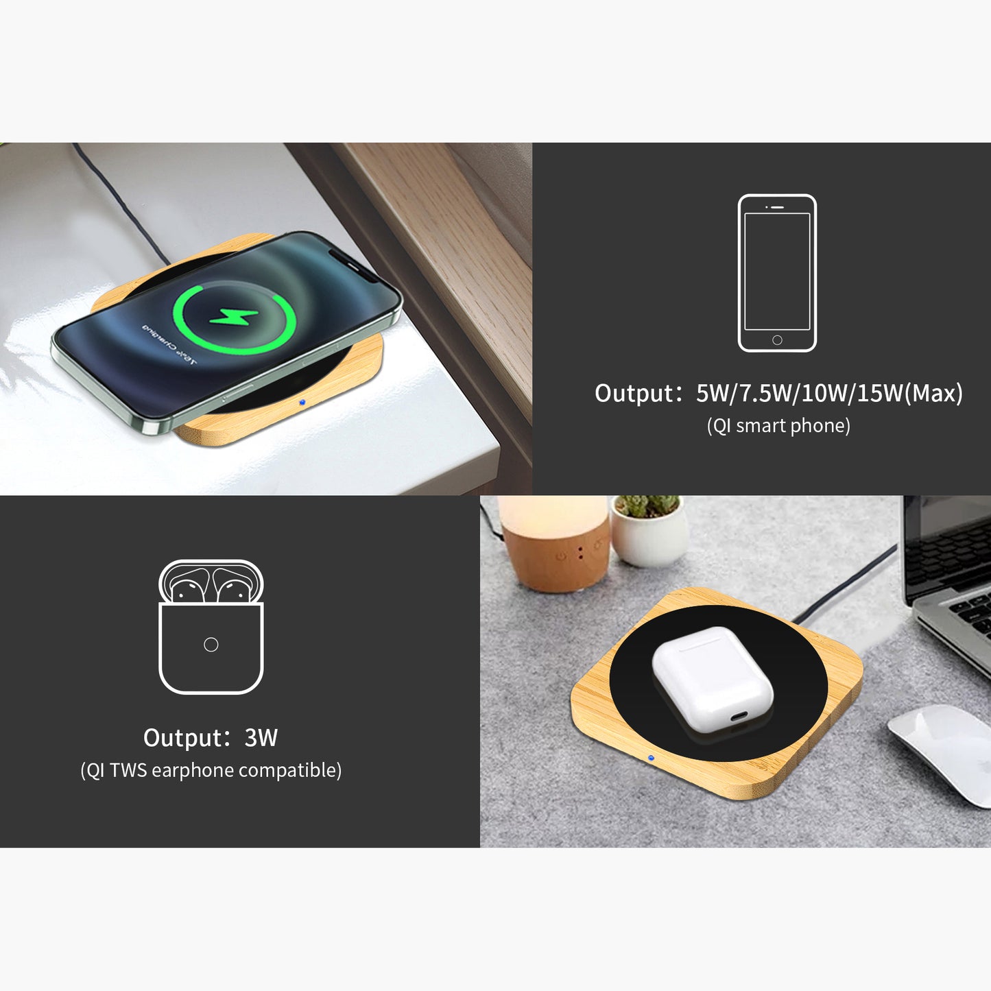 Squre Colorful Light Up Logo Bamboo 15W Wireless Charger