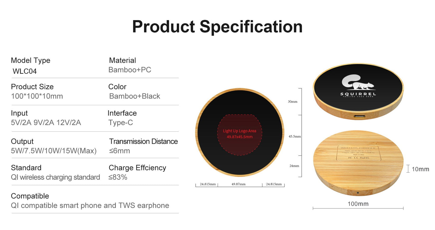 Round Bamboo 15W Wireless Charger with Light Up Logo