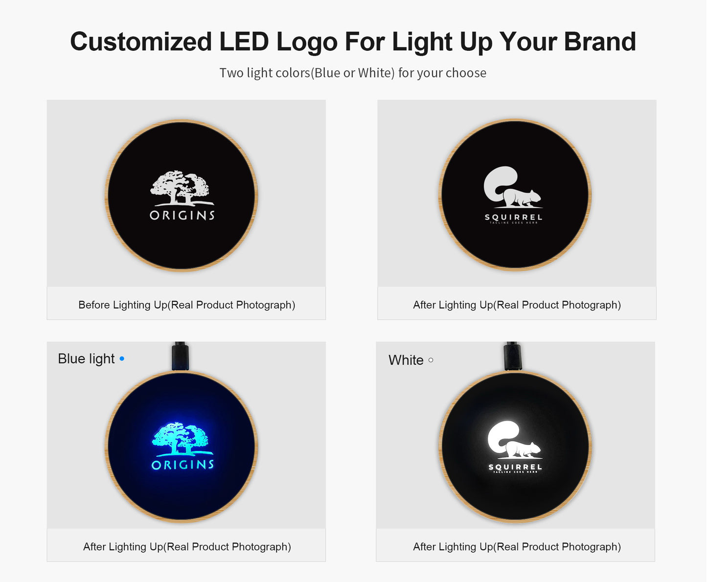Round Bamboo 15W Wireless Charger with Light Up Logo
