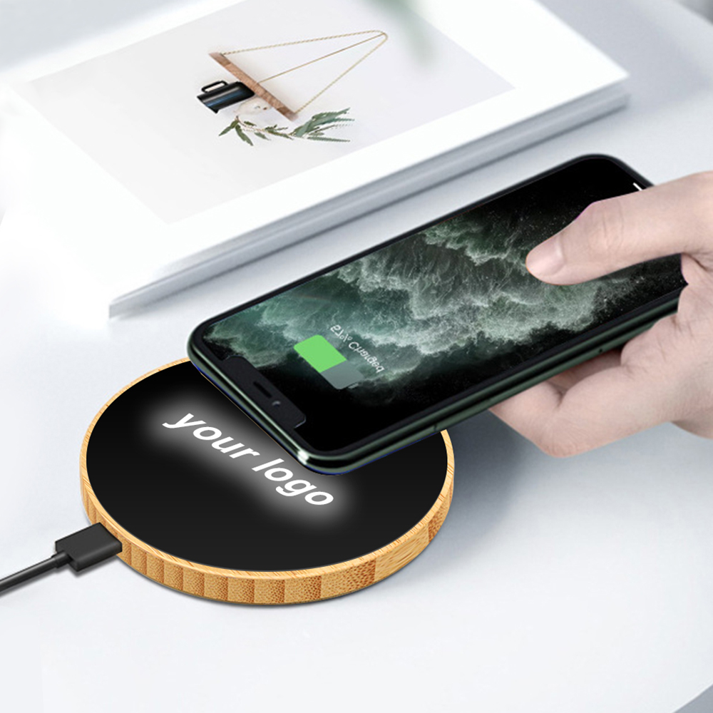 Round Bamboo 15W Wireless Charger with Light Up Logo