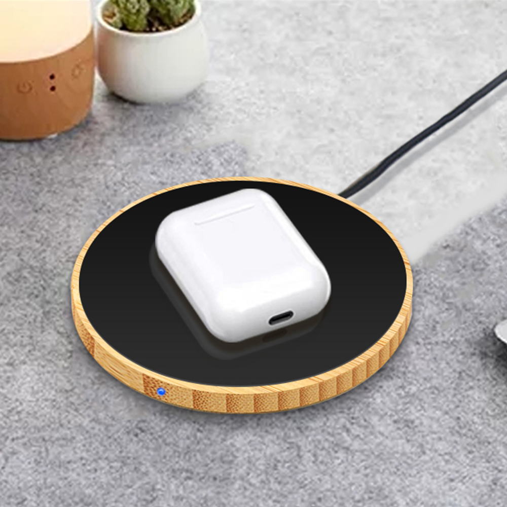 Round Bamboo 15W Wireless Charger with Light Up Logo