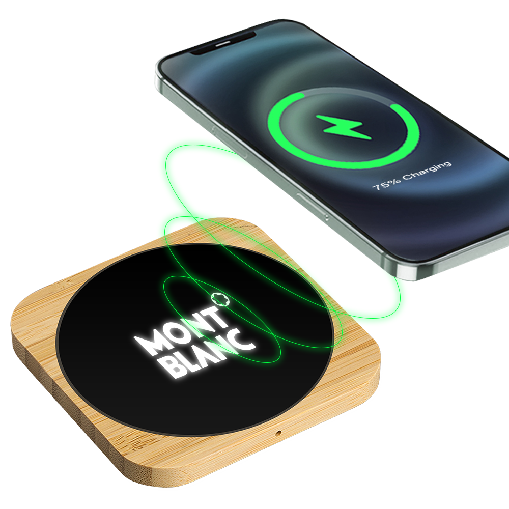 Squre Bamboo 15W Wireless Charger with Light Up Logo