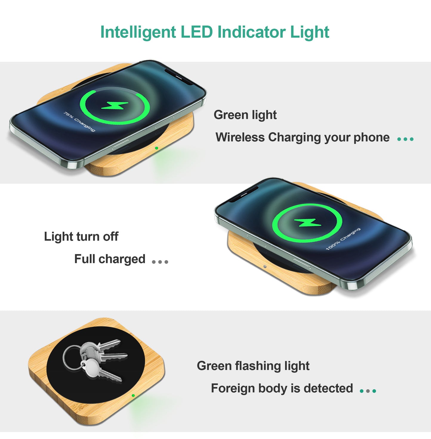 Squre Bamboo 15W Wireless Charger with Light Up Logo