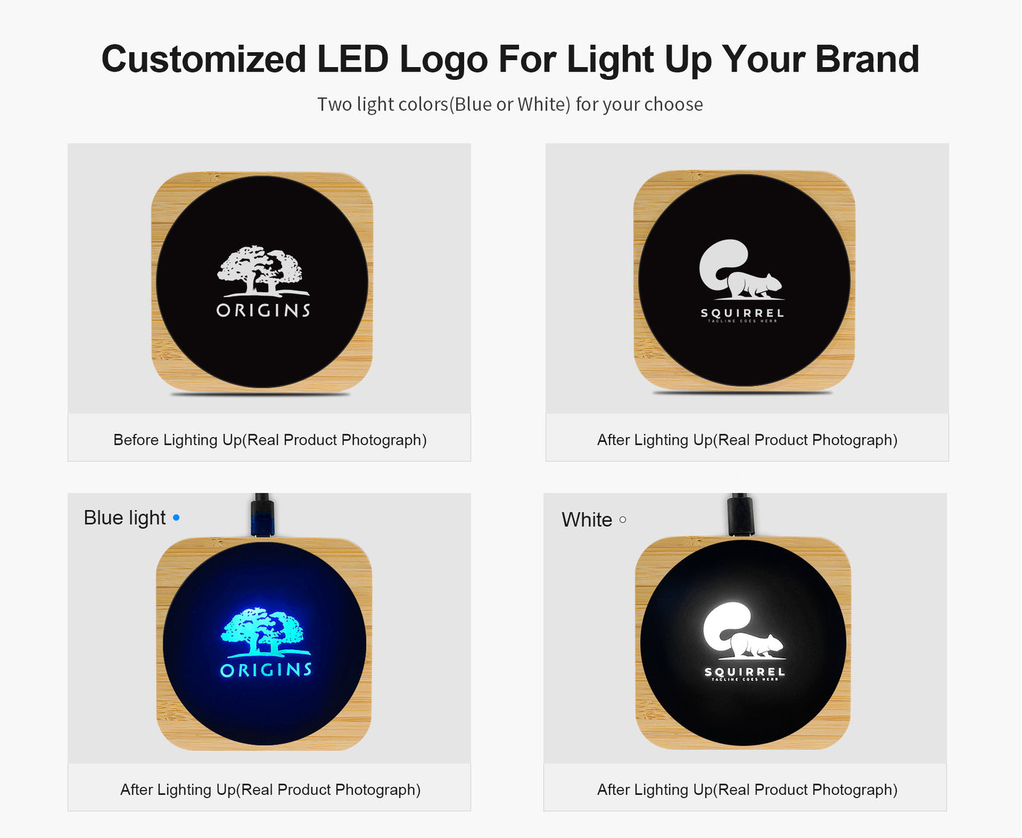 Squre Bamboo 15W Wireless Charger with Light Up Logo