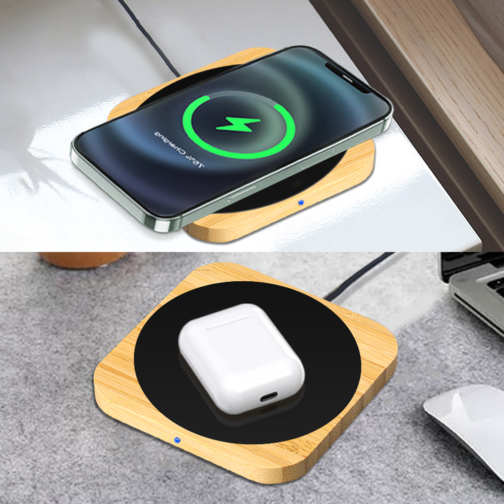 Squre Bamboo 15W Wireless Charger with Light Up Logo