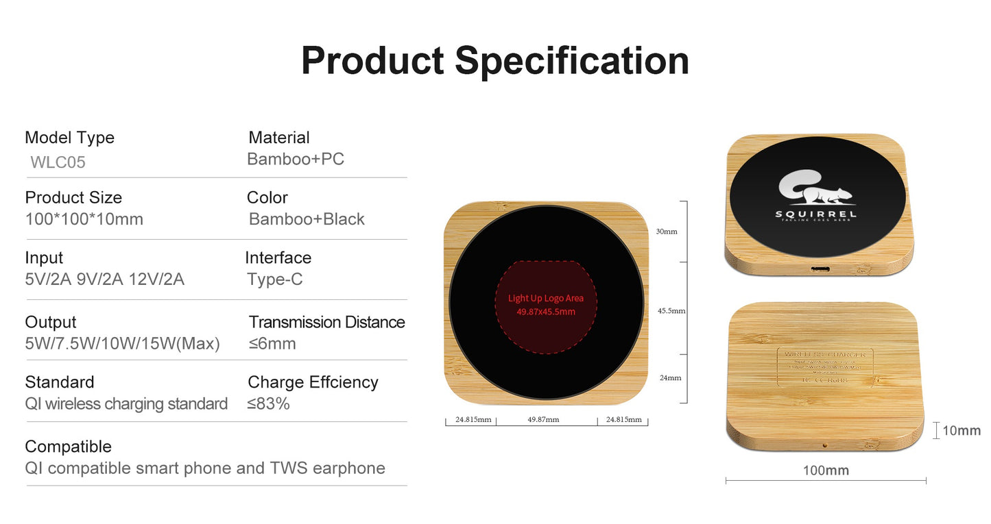 Squre Bamboo 15W Wireless Charger with Light Up Logo