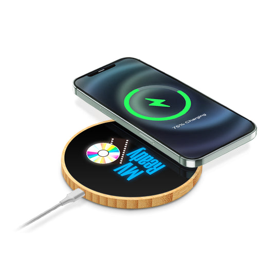 Round Colorful Light Up Logo Bamboo 15W  Wireless Charger