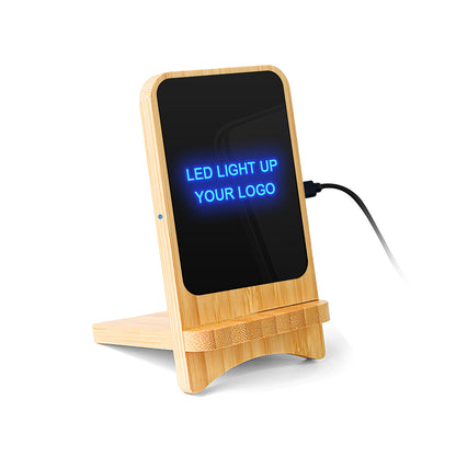 Bamboo Detachable Light Up Logo 15W  Wireless Charger & Phone Stand