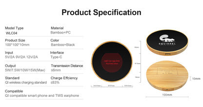 Round Bamboo 15W Wireless Charger with Light  Up Logo