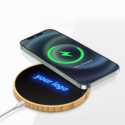 Round Bamboo 15W Wireless Charger with Light  Up Logo