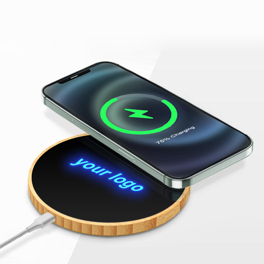 Round Bamboo 15W Wireless Charger with Light  Up Logo