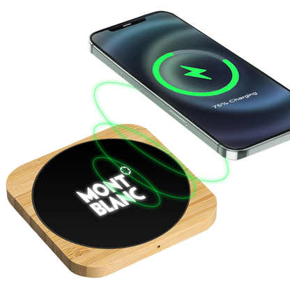 Squre Bamboo 15W Wireless Charger with Light  Up Logo