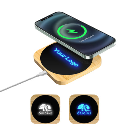Squre Bamboo 15W Wireless Charger with Light  Up Logo