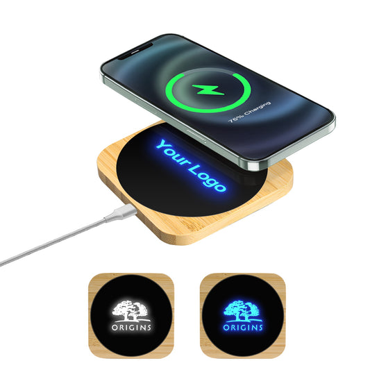 Squre Bamboo 15W Wireless Charger with Light  Up Logo